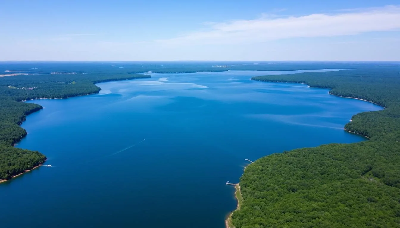 Aerial view of Oologah Lake, Oklahoma showing the vast water expanse surrounded by green shorelines on a clear sunny day