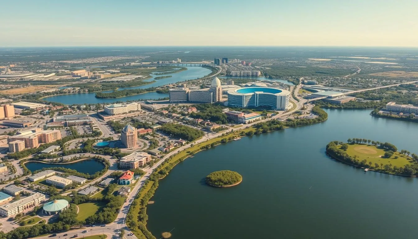 Aerial view of Orange County Florida showing theme parks, lakes, and urban areas on a sunny day