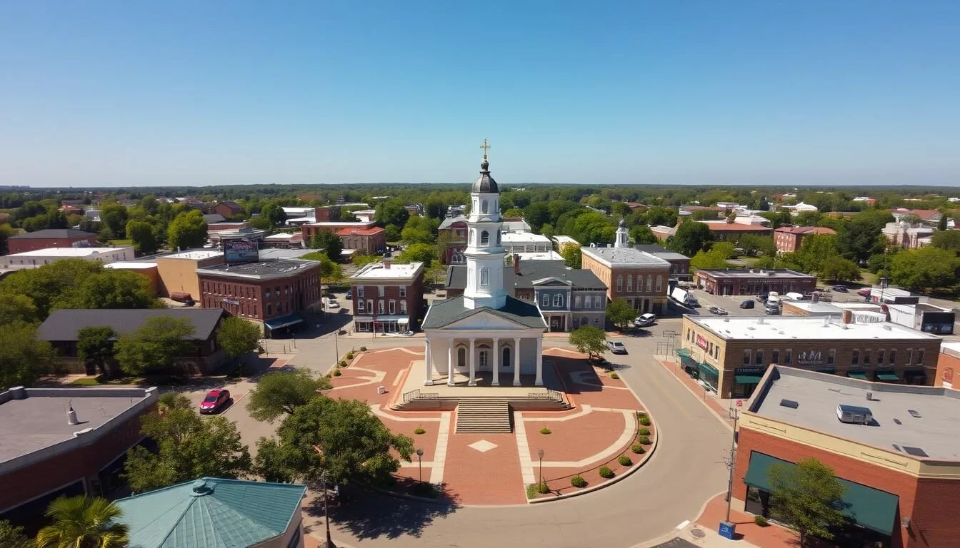 Aerial view of Oxford Mississippi showing the historic downtown Square and Ole Miss campus on a sunny day