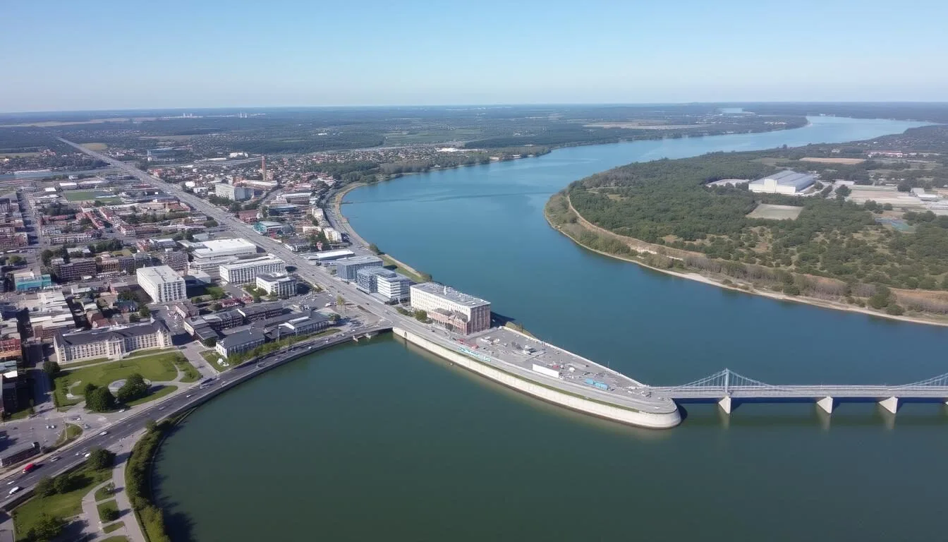 Aerial view of Paducah, Kentucky showing the confluence of the Ohio and Tennessee Rivers with the downtown area visible