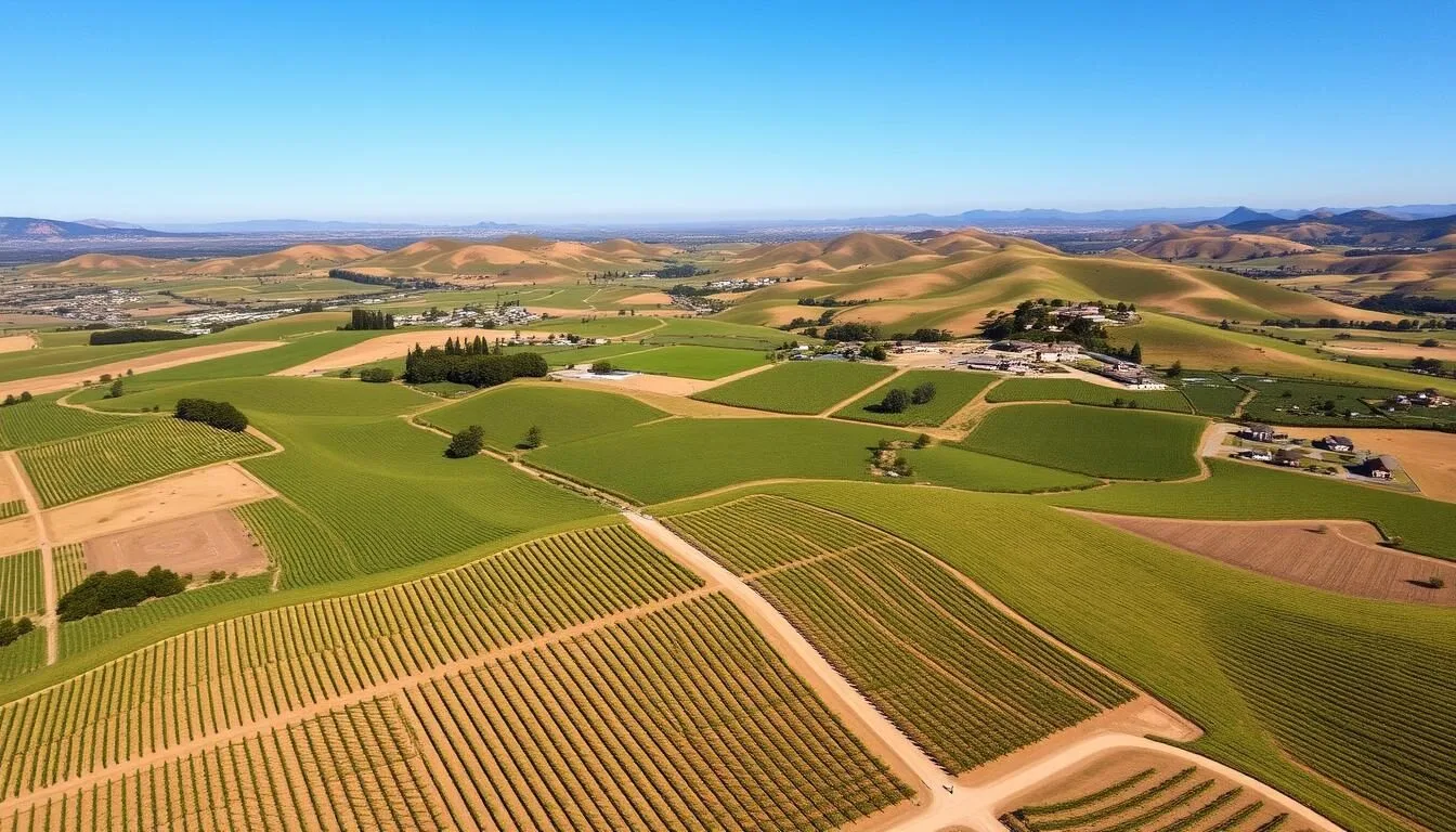 Aerial view of Paso Robles vineyards with rolling hills and winery estates on a sunny day