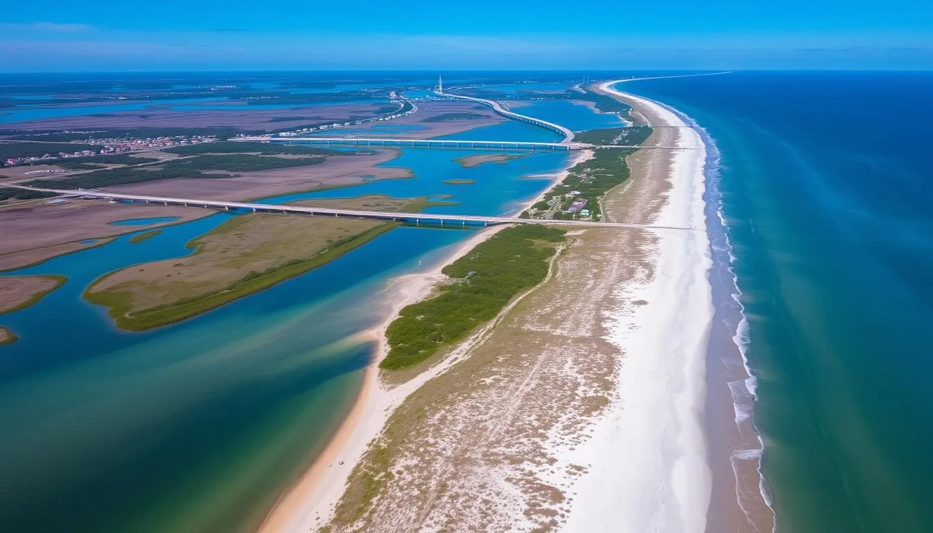 Aerial view of Pawleys Island, South Carolina showing the narrow barrier island with pristine beaches and marsh views