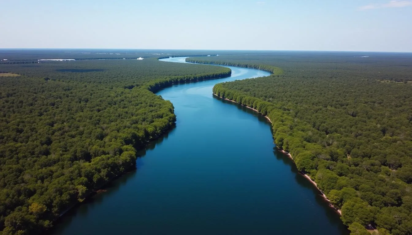 Aerial view of Peace River flowing through the lush green landscape of Hardee County, Florida