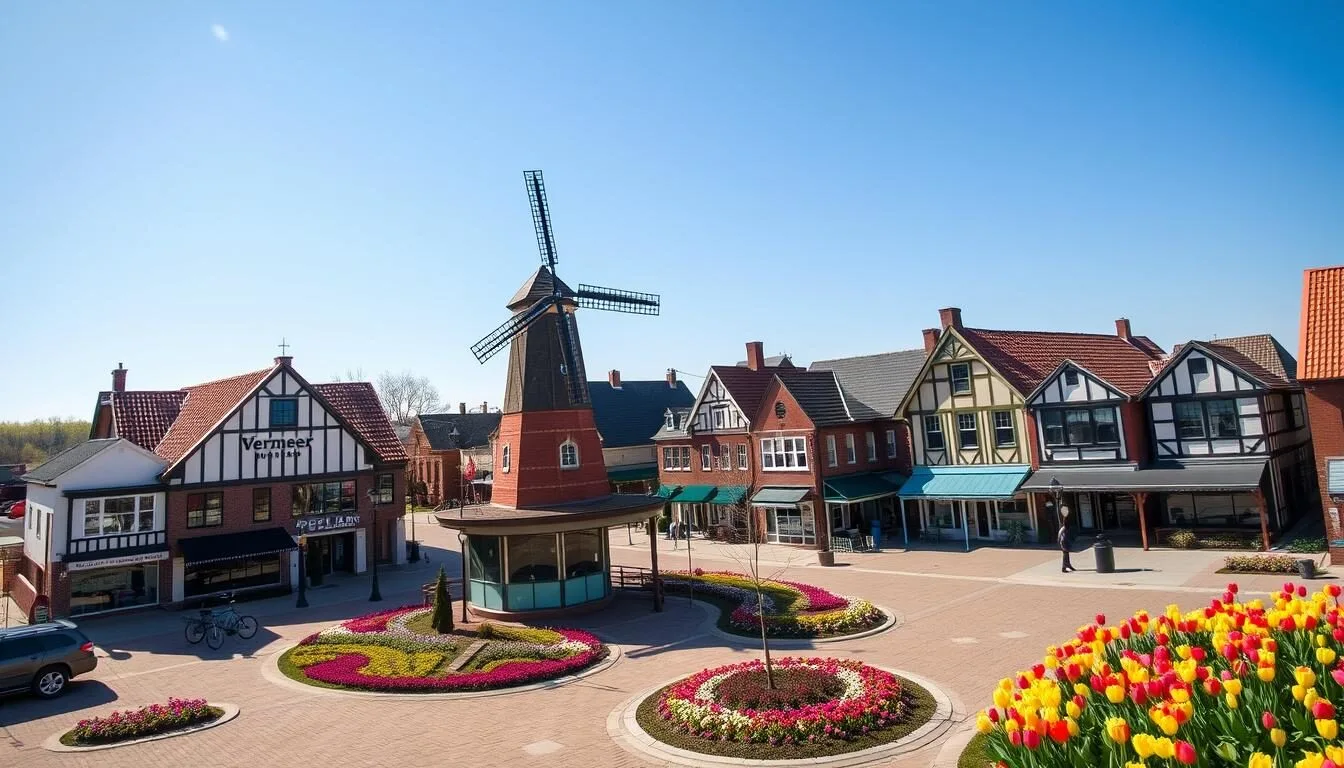 Aerial view of Pella Iowa showing the Vermeer Windmill and downtown area with Dutch architecture on a sunny day