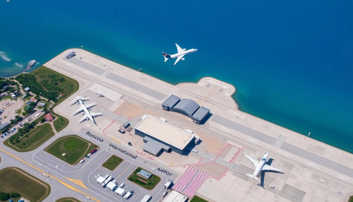 Aerial view of Pensacola International Airport with planes and terminal building on a clear sunny day