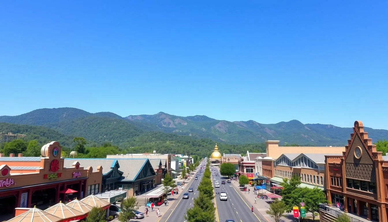 Aerial view of Pigeon Forge with the Great Smoky Mountains in the background, showing the main parkway lined with attractions