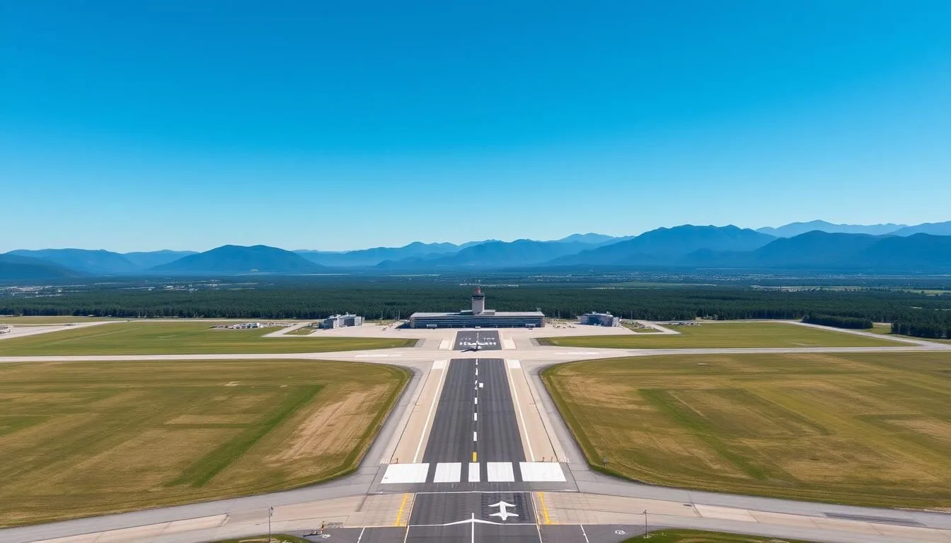 Aerial view of Plattsburgh International Airport with mountains in the background in Clinton County, New York