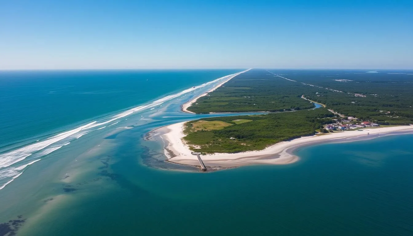 Aerial view of Point Island, North Carolina showing the coastline, beaches, and lush greenery