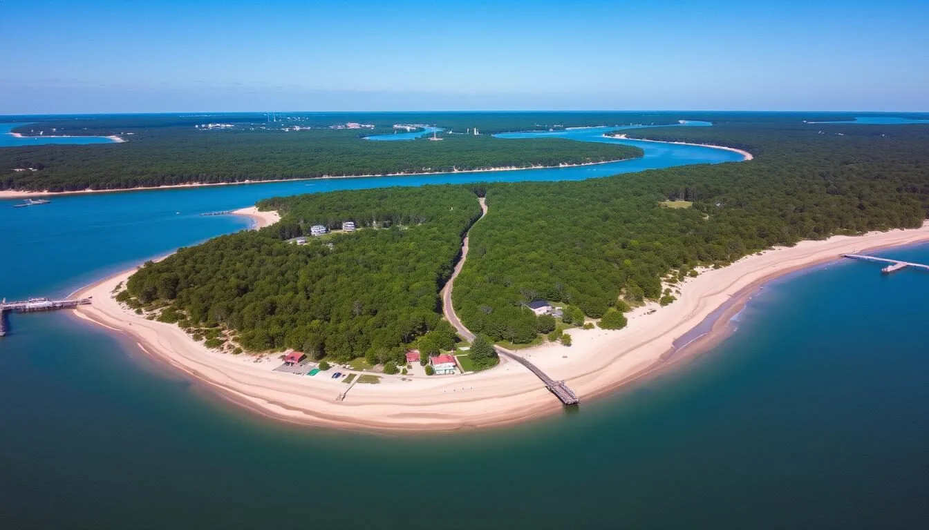 Aerial view of Point Lookout State Park showing the peninsula where the Potomac River meets the Chesapeake Bay