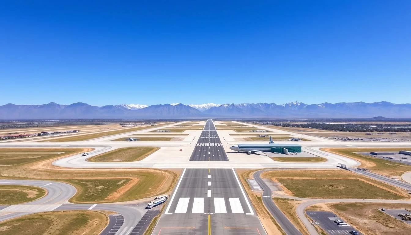 Aerial view of Presidente Perón International Airport in Neuquen with mountains in the background