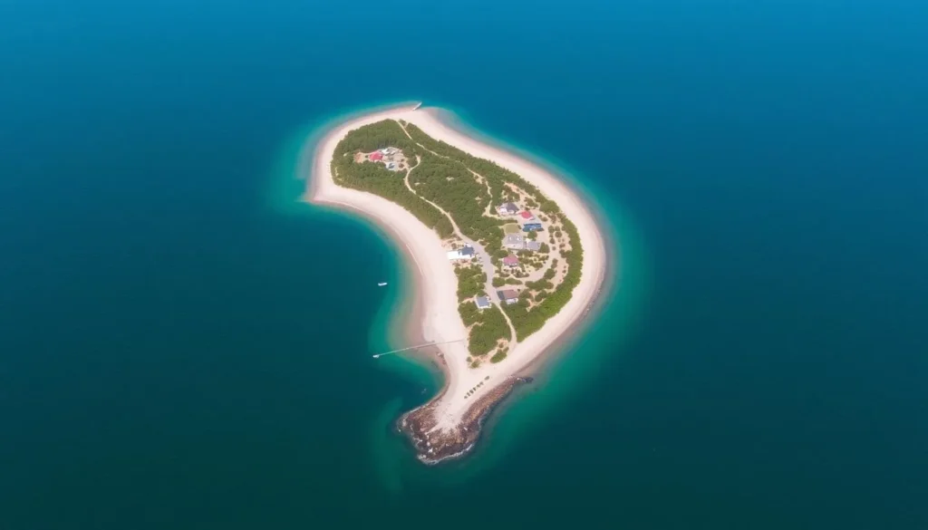 Aerial view of Presque Isle's curved peninsula and beaches in Erie Pennsylvania Aerial view of Presque Isle's curved peninsula and beaches in Erie Pennsylvania