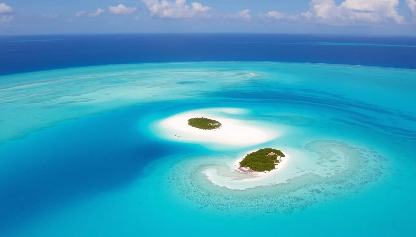 Aerial view of Prickly Pear Island, Anguilla showing its pristine beaches and turquoise waters
