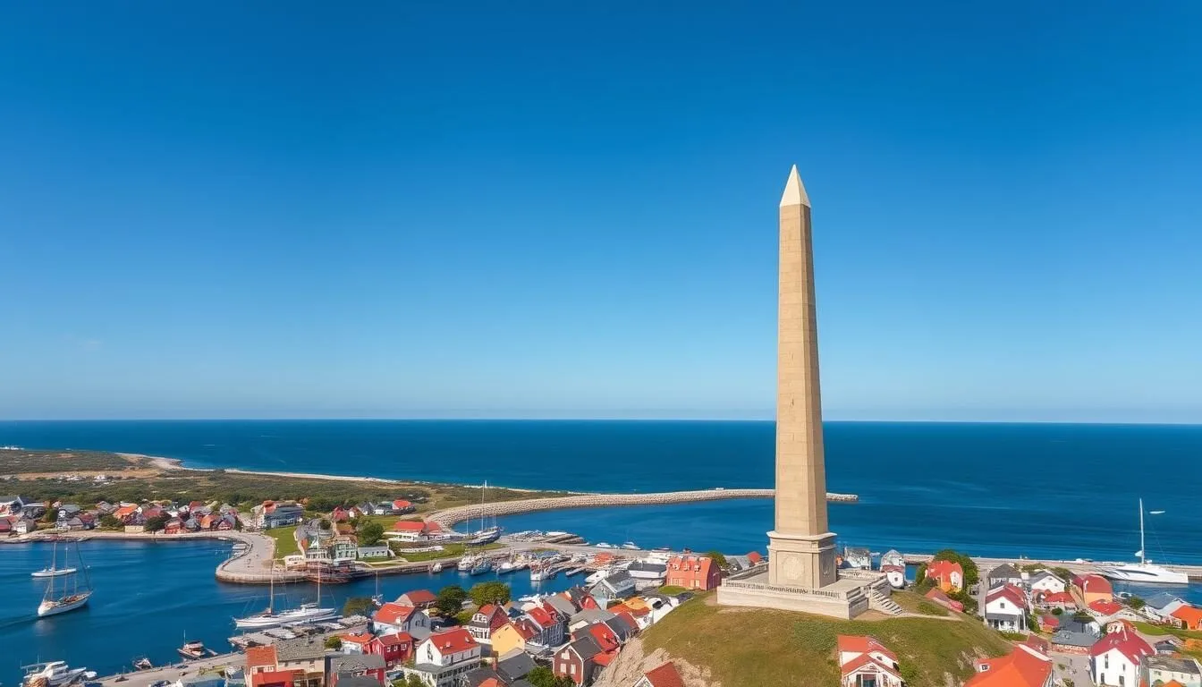 Aerial view of Provincetown Massachusetts with the Pilgrim Monument standing tall above the colorful town and harbor