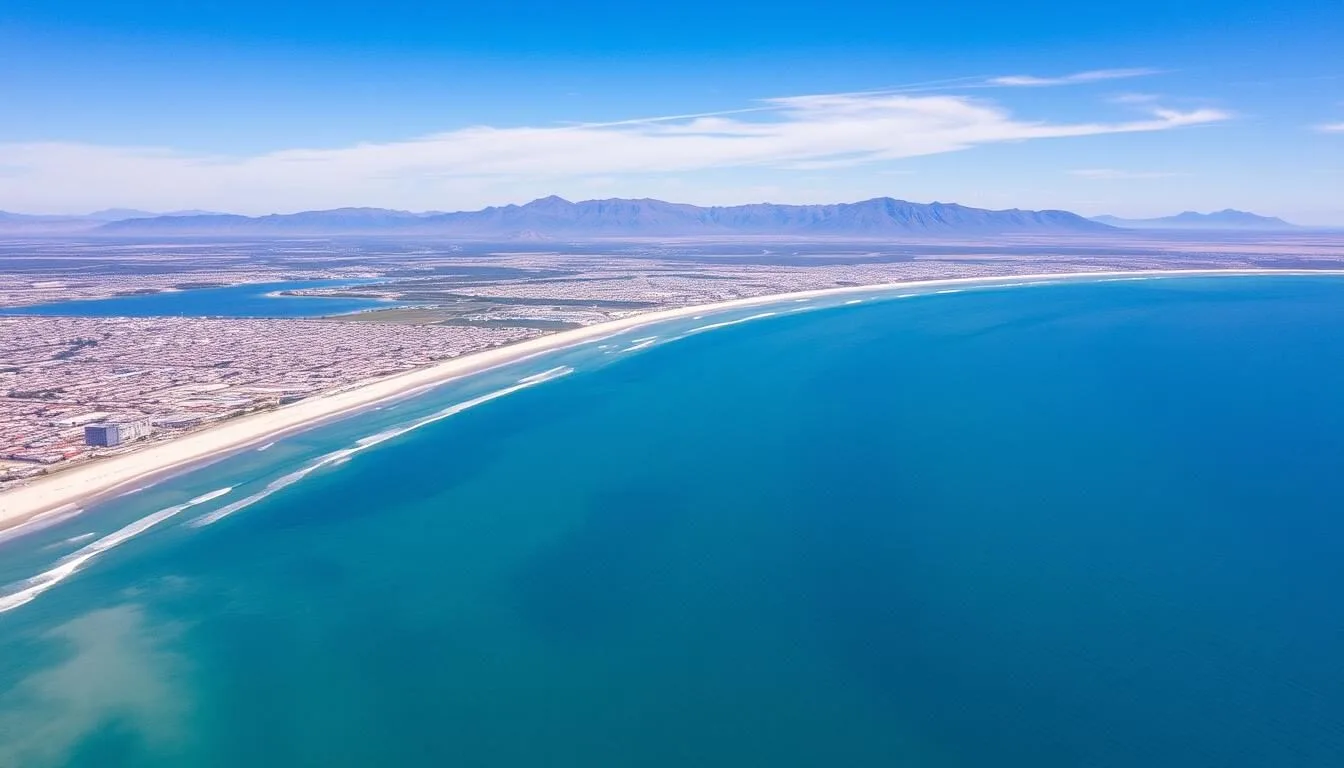 Aerial view of Puerto Madryn Argentina coastline with turquoise waters and the city stretching along the bay