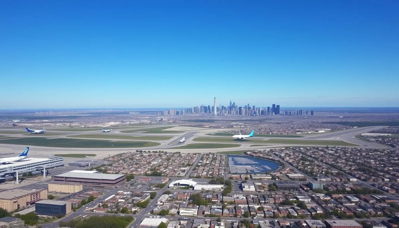 Aerial view of Queens County with LaGuardia Airport and Manhattan skyline in the background