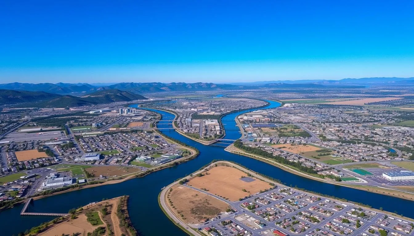 Aerial view of Redding California with Sacramento River winding through the city on a sunny day