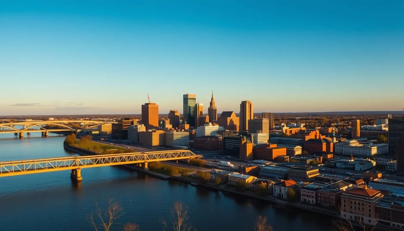 Aerial view of Richmond Virginia skyline with the James River in the foreground on a sunny day
