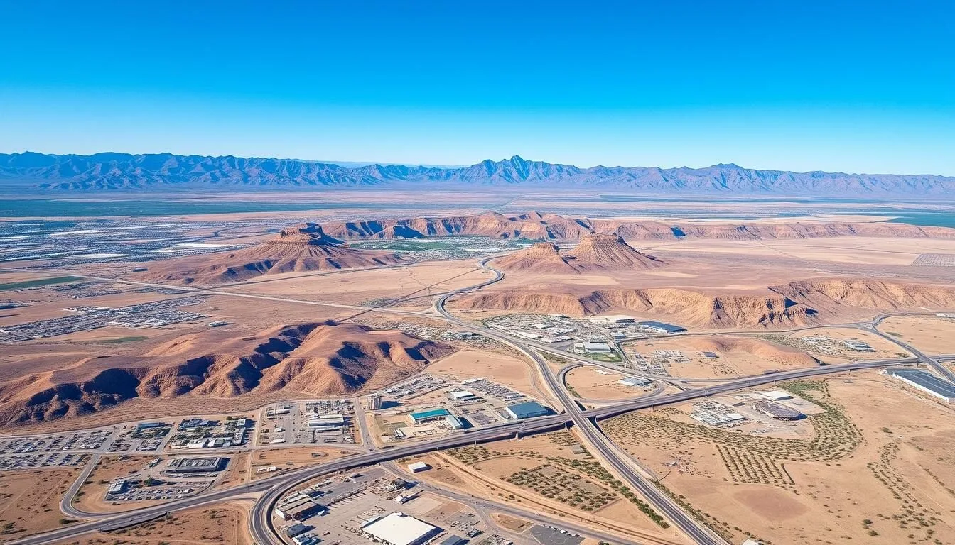 Aerial view of San Bernardino County landscape showing mountains, desert, and highways - perfect introduction to San Bernardino County things to do