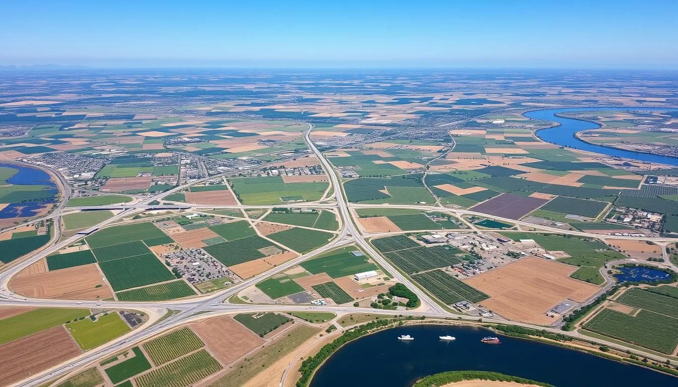 Aerial view of San Joaquin County showing highways, farmland, and the Delta waterways on a sunny day