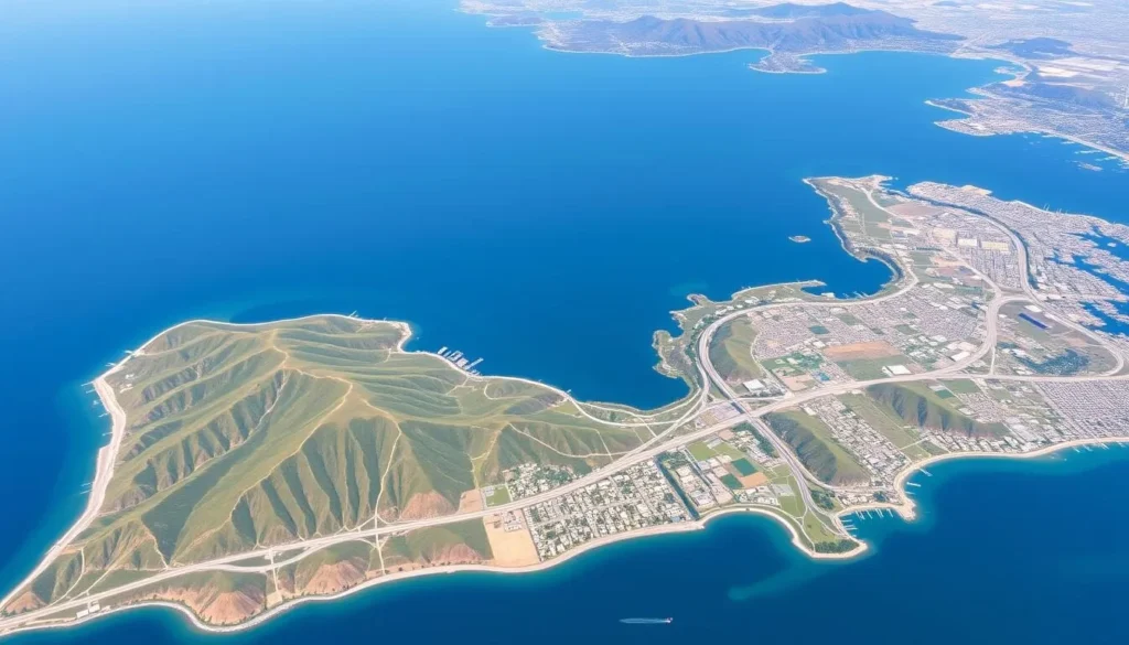 Aerial view of San Mateo County showing its location between San Francisco Bay and Pacific Ocean Aerial view of San Mateo County showing its location between San Francisco Bay and Pacific Ocean
