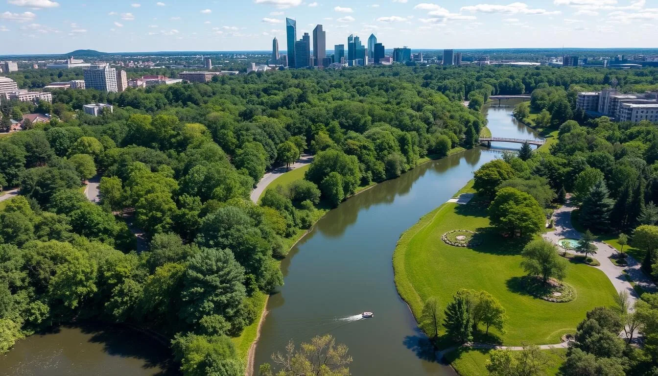 Aerial view of Sandy Springs showing the Chattahoochee River and city skyline
