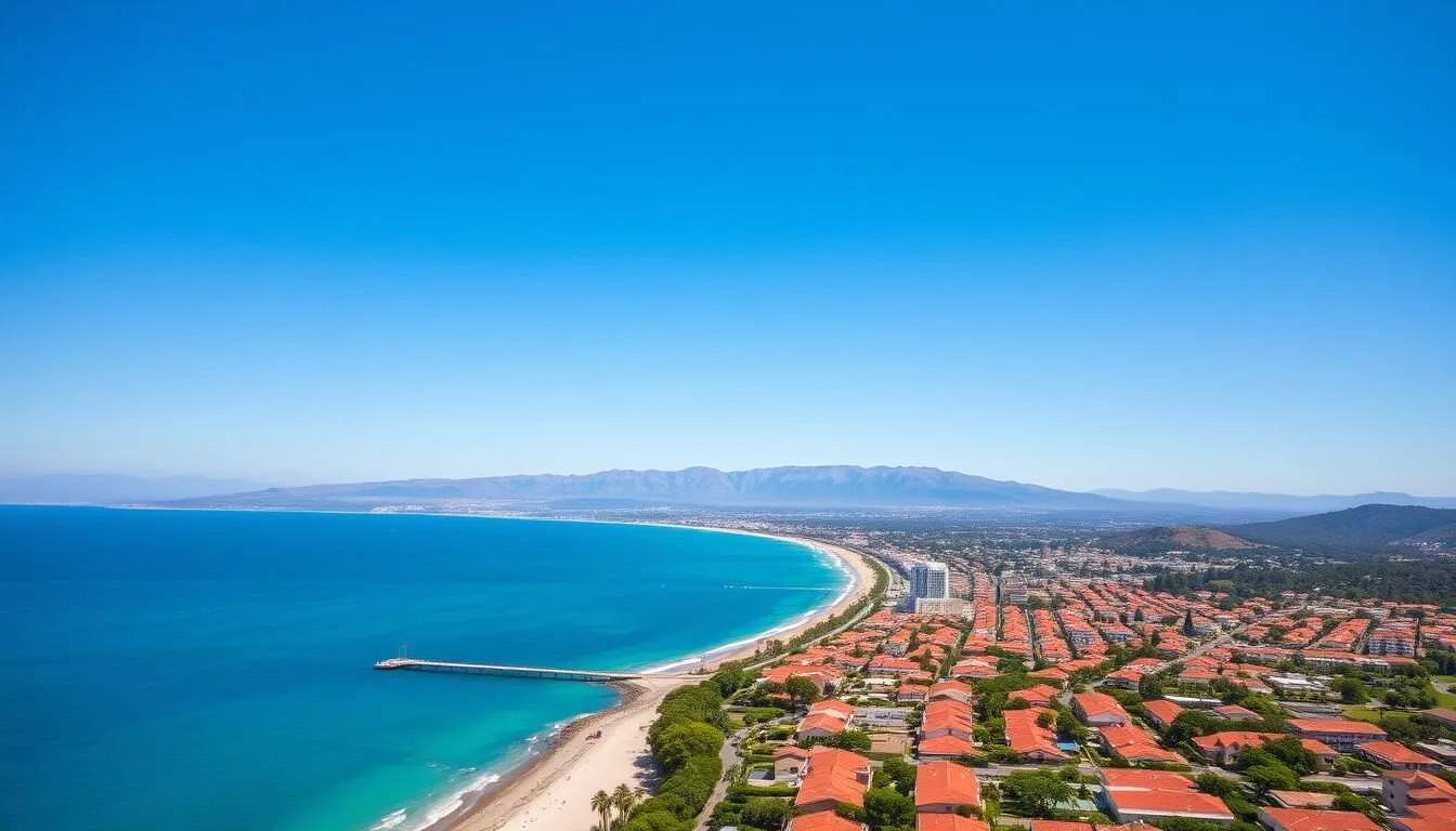 Aerial view of Santa Barbara County showing the coastline, mountains, and city layout on a sunny day