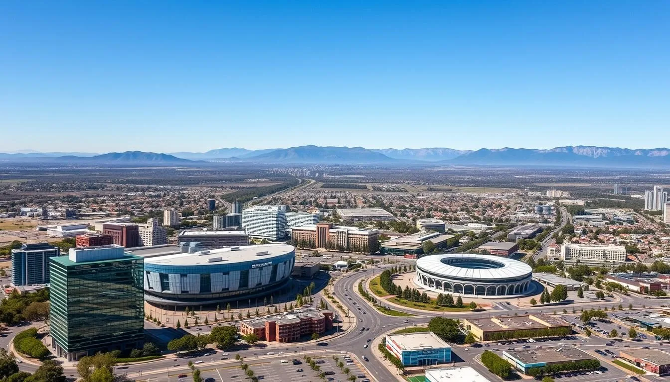 Aerial view of Santa Clara County showing Silicon Valley tech campuses, Levi's Stadium, and surrounding mountains on a clear sunny day