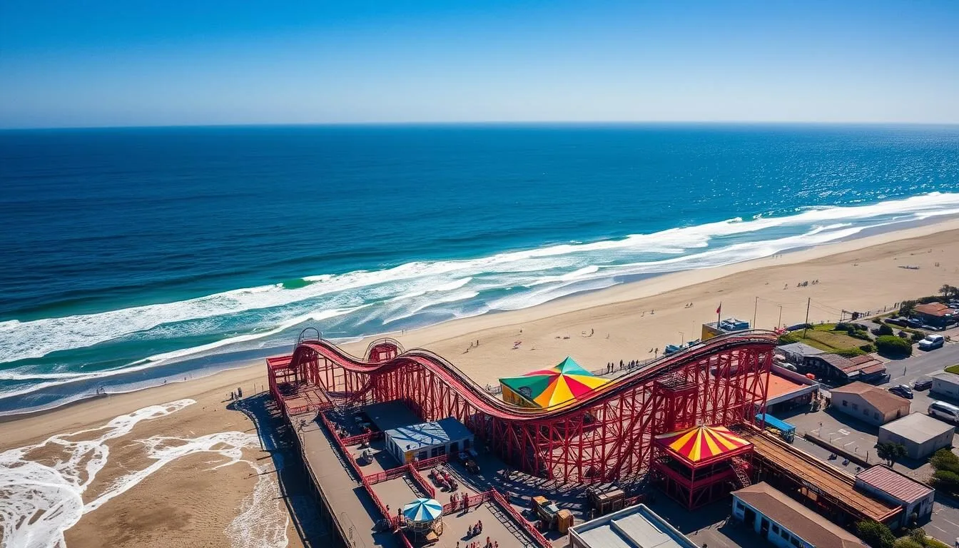 Aerial view of Santa Cruz Beach Boardwalk with the iconic Giant Dipper roller coaster and beautiful coastline of Santa Cruz County, California