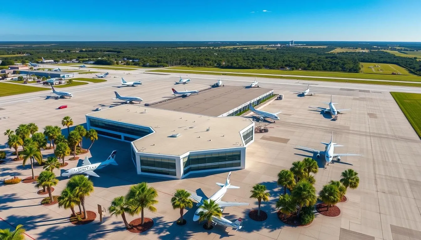 Aerial view of Sarasota Bradenton International Airport with palm trees and sunny skies