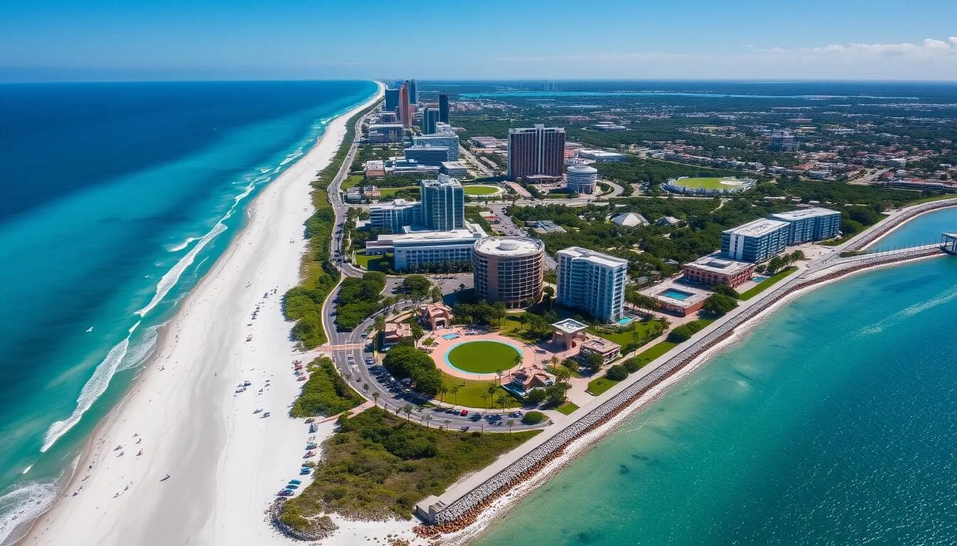 Aerial view of Sarasota County coastline showing beautiful beaches and downtown area