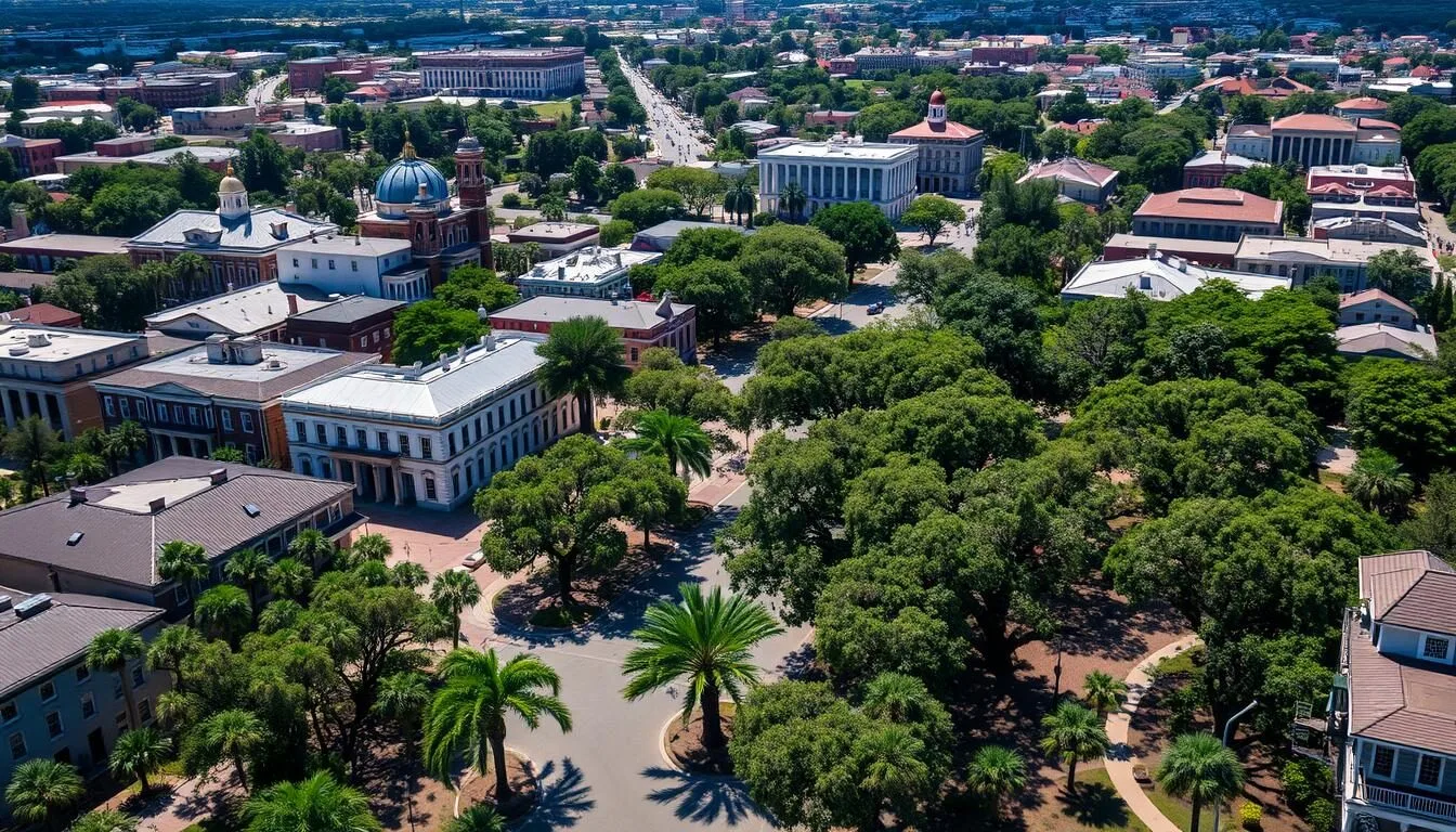 Aerial view of Savannah Georgia historic district with Spanish moss-draped oak trees and historic squares