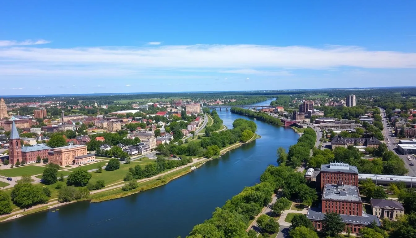 Aerial view of Schenectady County showing the Mohawk River winding through the landscape with historic buildings and modern developments visible