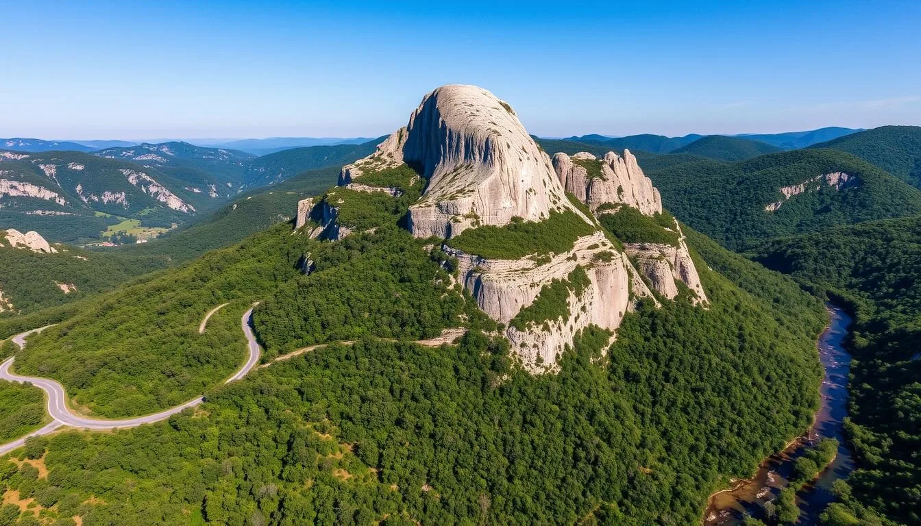 Aerial view of Seneca Rocks towering formation with winding roads leading to it on a clear sunny day