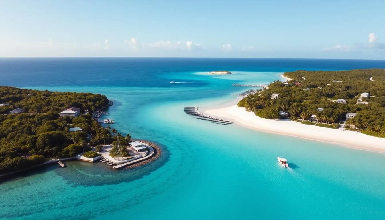 Aerial view of Shoal Bay Village, Anguilla showing the stunning turquoise waters and pink-white sand beaches