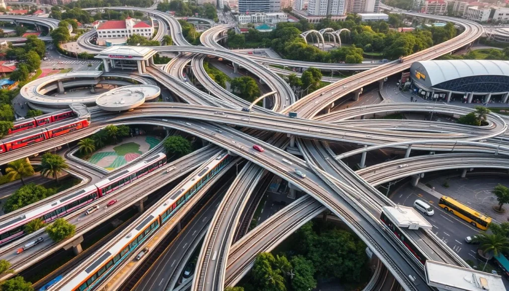 Aerial view of Singapore's expansive public transportation network, showcasing a vibrant tapestry of trains, buses, and taxis weaving through the city's dynamic landscape. Capture the bustling interchanges and stations, with sleek modern architecture framed by lush greenery. Depict the efficient integration of diverse modes, from the iconic MRT system to the thriving network of bus routes, all operating seamlessly to serve the needs of the city's residents and visitors. Utilize warm, natural lighting to convey a sense of energy and dynamism, while maintaining a clean, organized composition that highlights the scale and interconnectivity of Singapore's comprehensive transportation infrastructure.