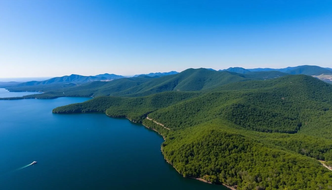 Aerial view of Smith Mountain Lake with clear blue skies and surrounding mountains