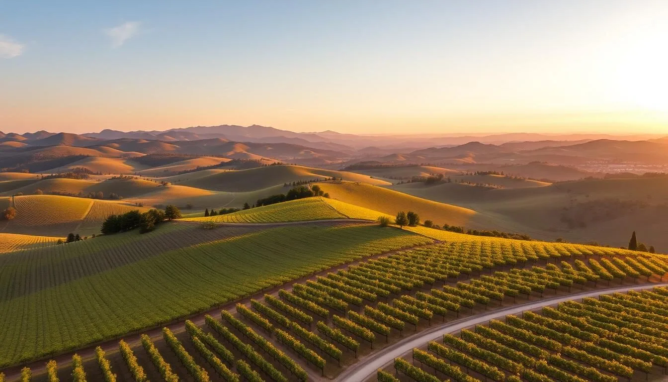 Aerial view of Sonoma County California vineyards with rolling hills and mountains in the background