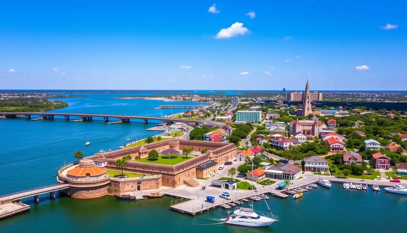 Aerial view of St. Augustine's historic district and Matanzas Bay in St. Johns County, Florida