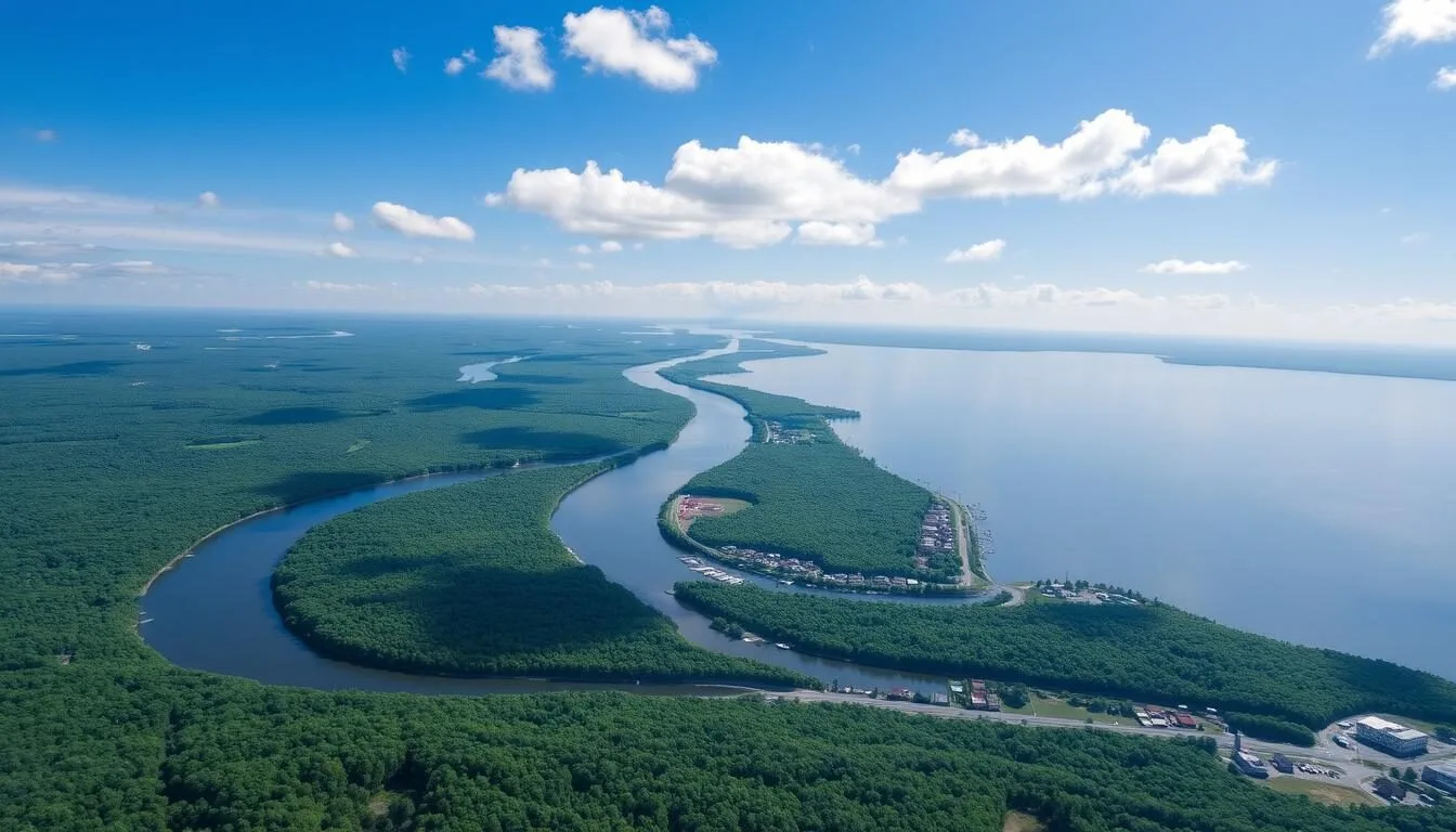 Aerial view of St. Lawrence County, New York showing the St. Lawrence River and surrounding landscape