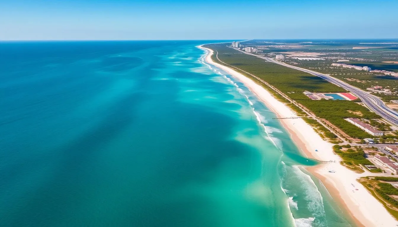 Aerial view of St. Lucie County Florida coastline showing beaches and waterways