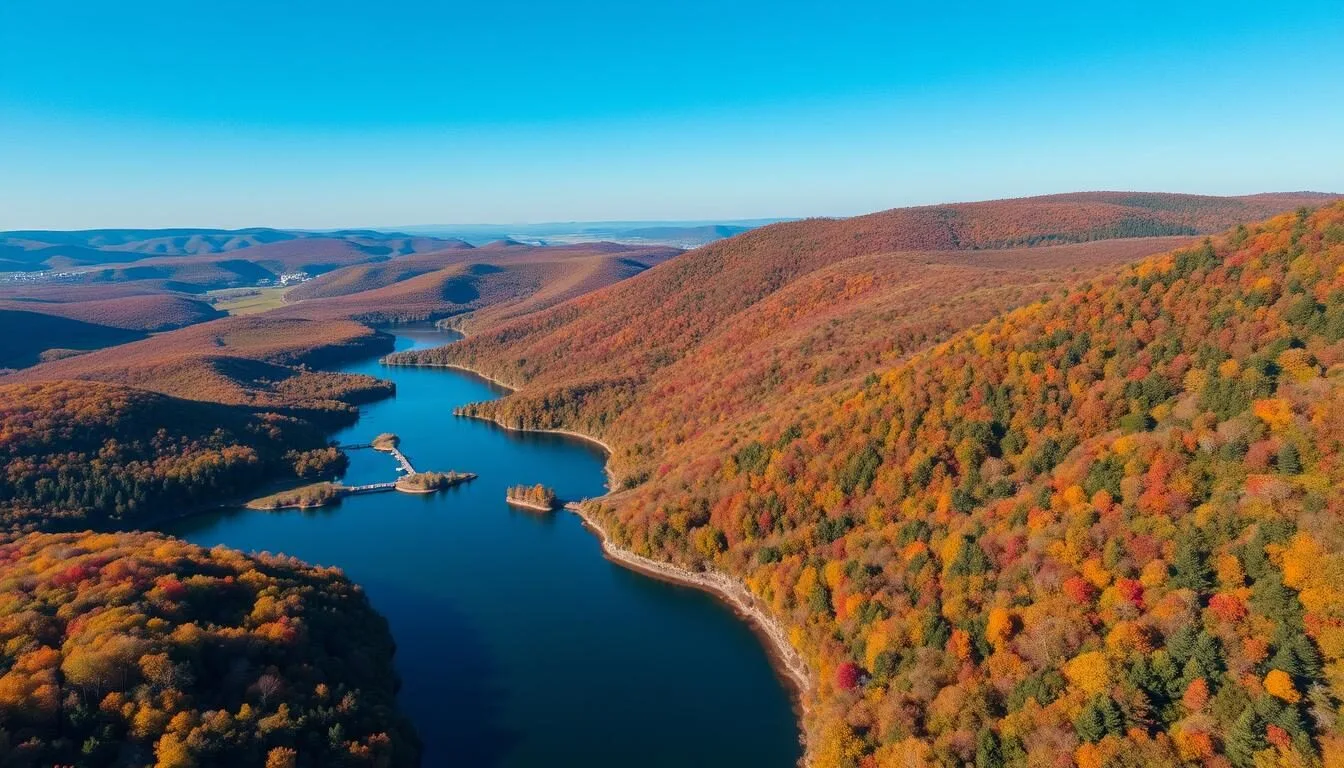 Aerial view of Steuben County, New York with rolling hills, lakes, and autumn foliage