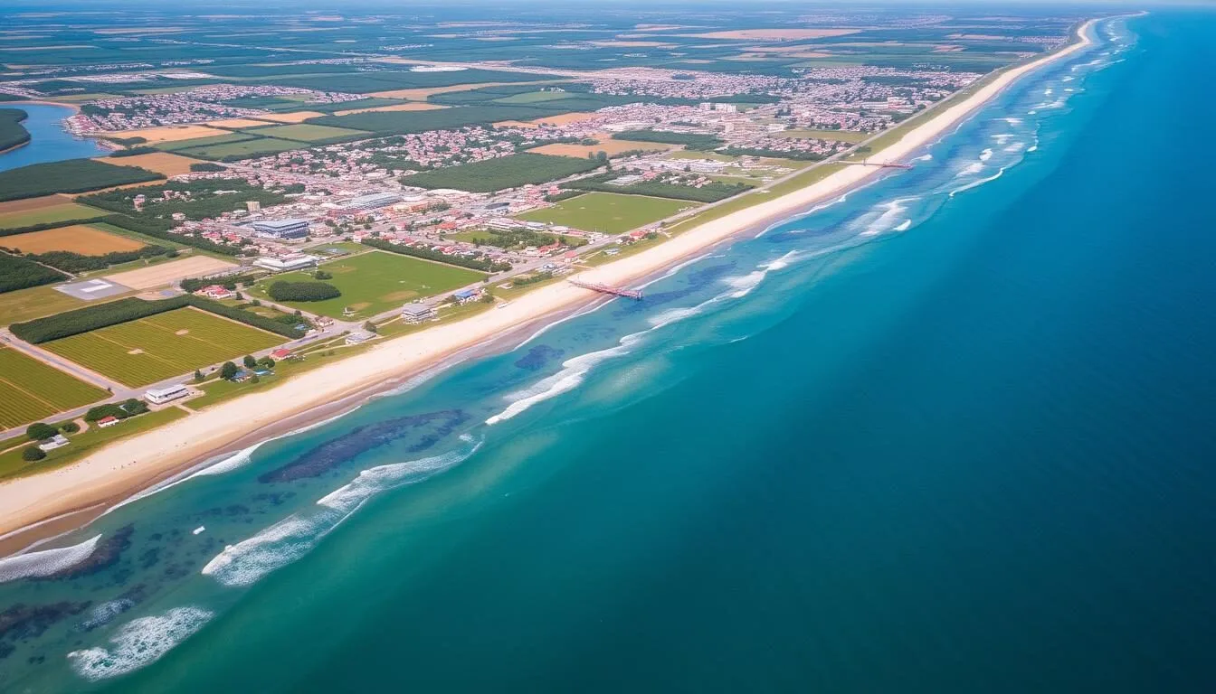 Aerial view of Suffolk County, New York showing beaches, vineyards and coastal communities on a sunny day