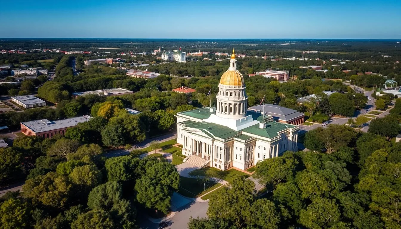Aerial view of Tallahassee, Florida showing the Capitol building and surrounding Leon County landscape on a beautiful sunny day