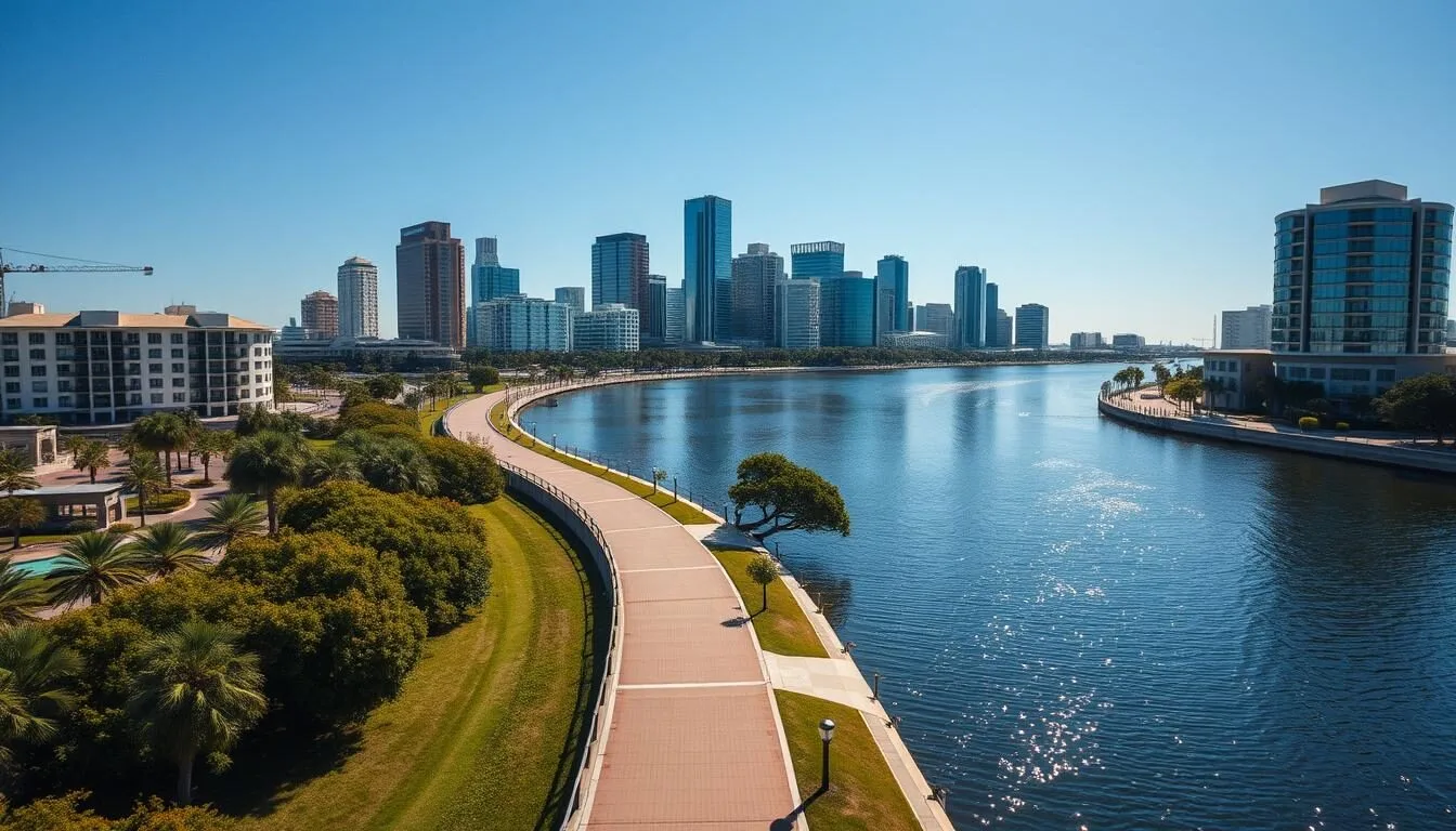 Aerial view of Tampa Riverwalk on a sunny day with the downtown skyline reflecting in the water - things to do in Tampa