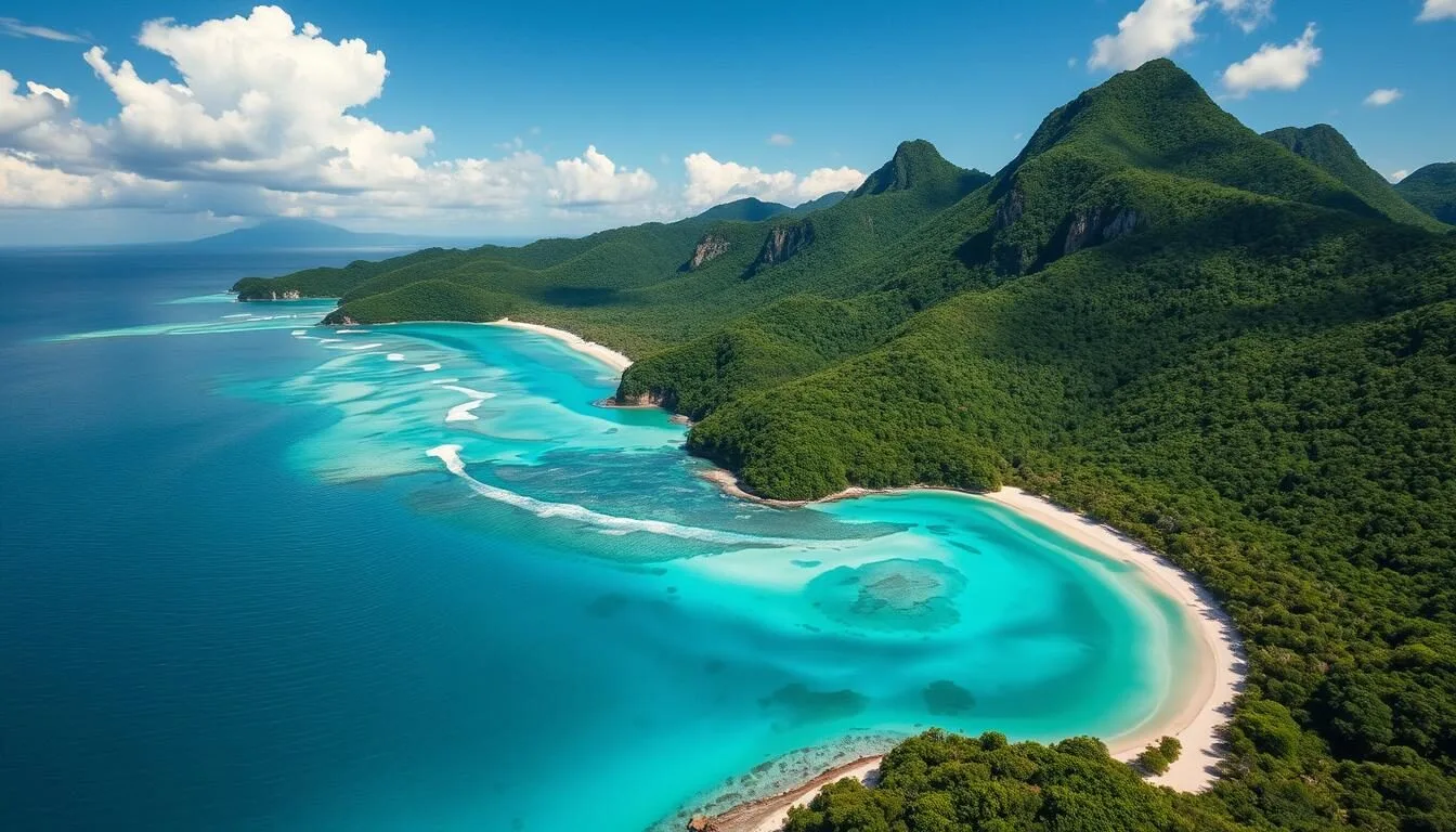 Aerial view of Tayrona National Park showing the meeting of lush green mountains and turquoise Caribbean waters