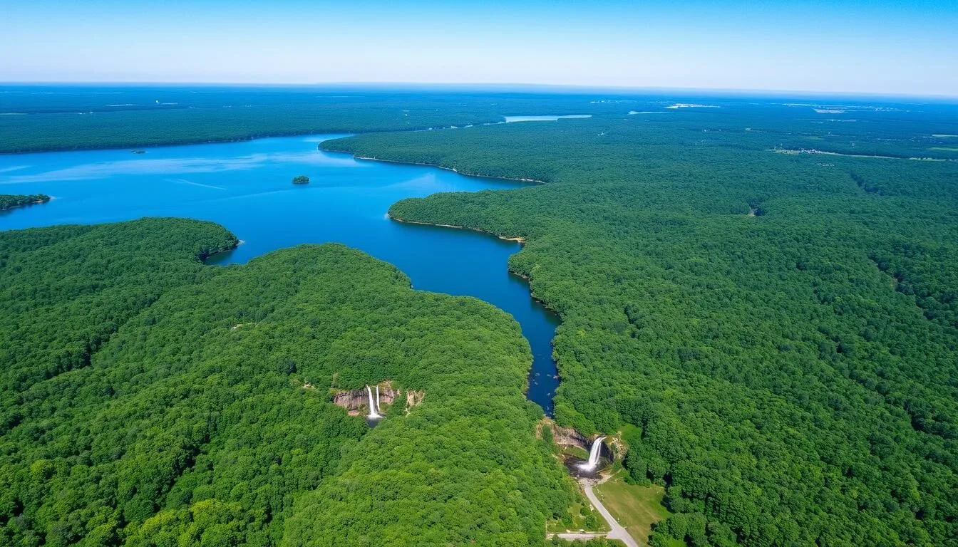 Aerial view of Tompkins County showing Cayuga Lake surrounded by lush forests and waterfalls on a sunny day