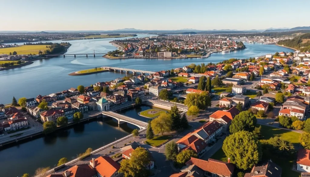 Aerial view of Valdivia, a picturesque city nestled along the convergence of the Calle-Calle, Cruces, and Valdivia rivers in southern Chile. Capture the city's charming old-world architecture, with red-tiled roofs and colorful buildings lining the riverbanks. Showcase the scenic bridges and pedestrian walkways that connect the different neighborhoods, and the lush green parks and gardens that dot the cityscape. Depict the tranquil waters of the rivers, reflecting the surrounding landscape and providing a serene ambiance. Utilize warm, golden lighting to convey a pleasant, inviting atmosphere on a sunny day. Frame the scene with a wide-angle lens to showcase the city's unique layout and natural setting.