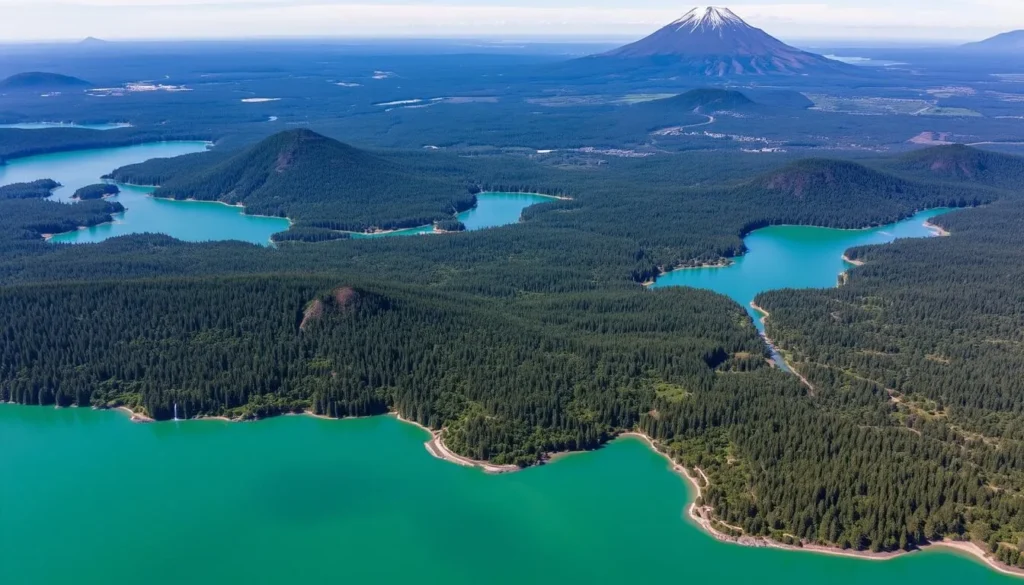 Aerial view of Vicente Pérez Rosales National Park showing lakes, forests and volcanoes Aerial view of Vicente Pérez Rosales National Park showing lakes, forests and volcanoes