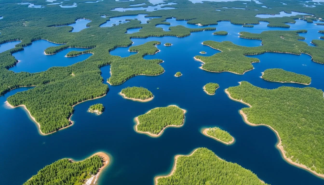Aerial view of Voyageurs National Park, Minnesota showing the vast network of lakes, islands and forested shorelines