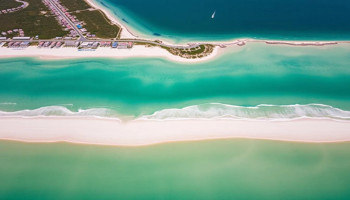 Aerial view of Walton County Florida beaches with emerald waters and white sand